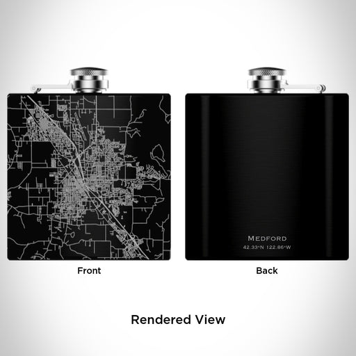 Rendered View of Medford Oregon Map Engraving on 6oz Stainless Steel Flask in Black