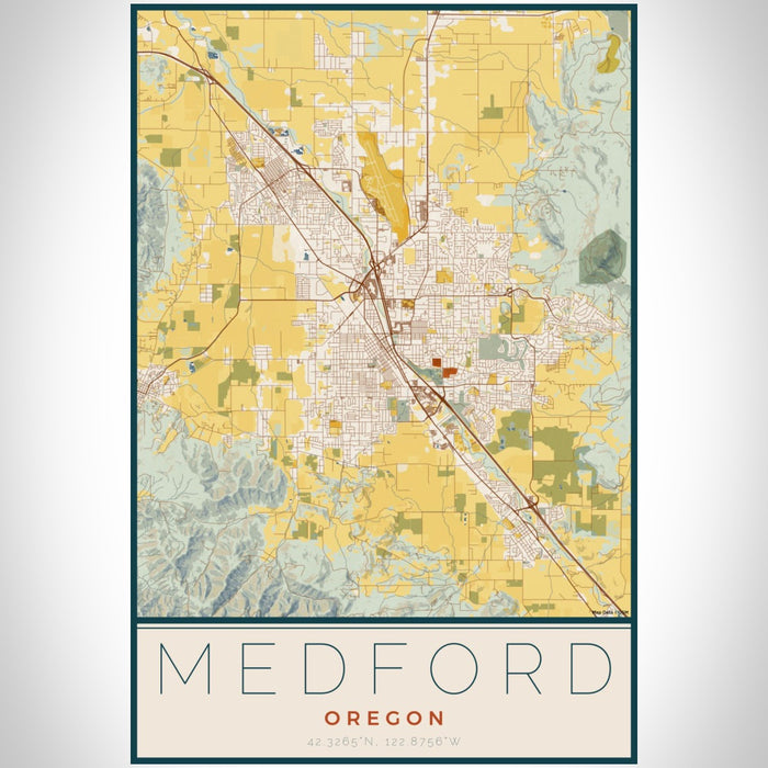 Medford Oregon Map Print Portrait Orientation in Woodblock Style With Shaded Background