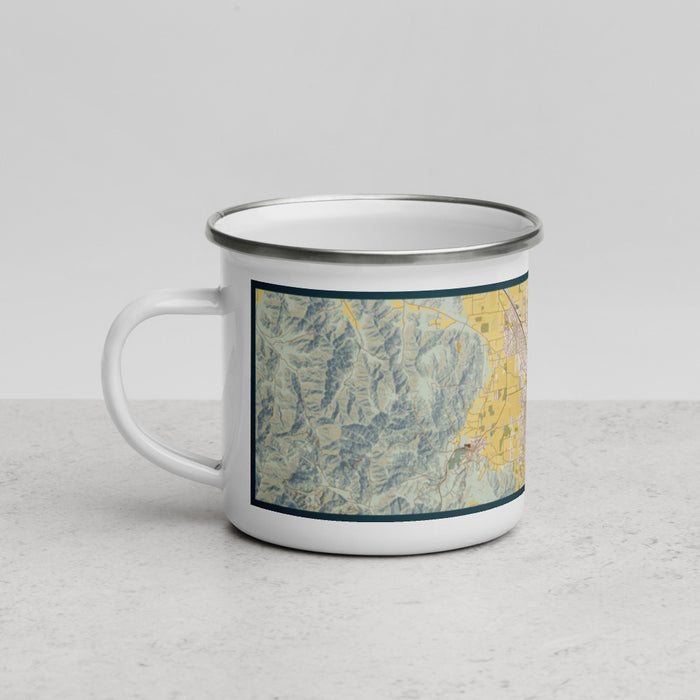 Left View Custom Medford Oregon Map Enamel Mug in Woodblock