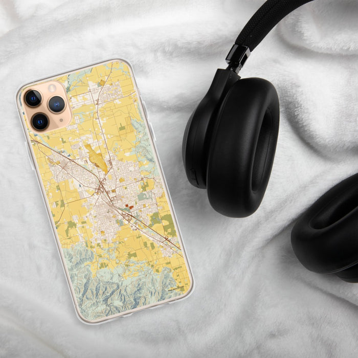 Custom Medford Oregon Map Phone Case in Woodblock on Table with Black Headphones