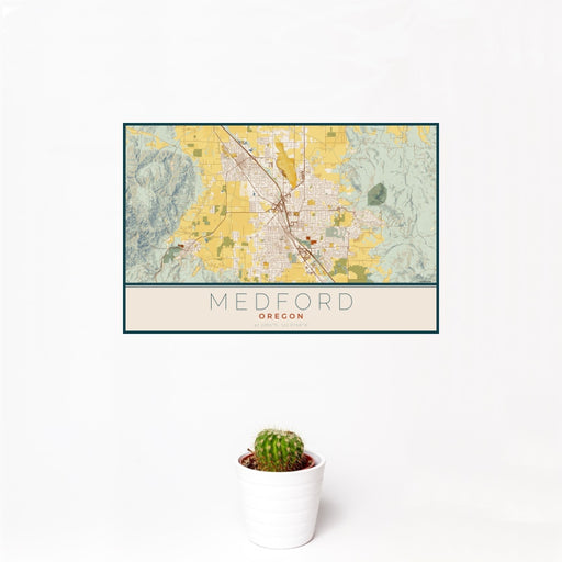 12x18 Medford Oregon Map Print Landscape Orientation in Woodblock Style With Small Cactus Plant in White Planter