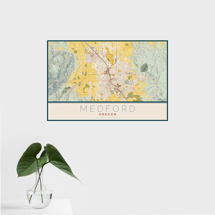 16x24 Medford Oregon Map Print Landscape Orientation in Woodblock Style With Tropical Plant Leaves in Water