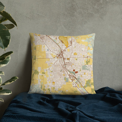 Custom Medford Oregon Map Throw Pillow in Woodblock on Bedding Against Wall
