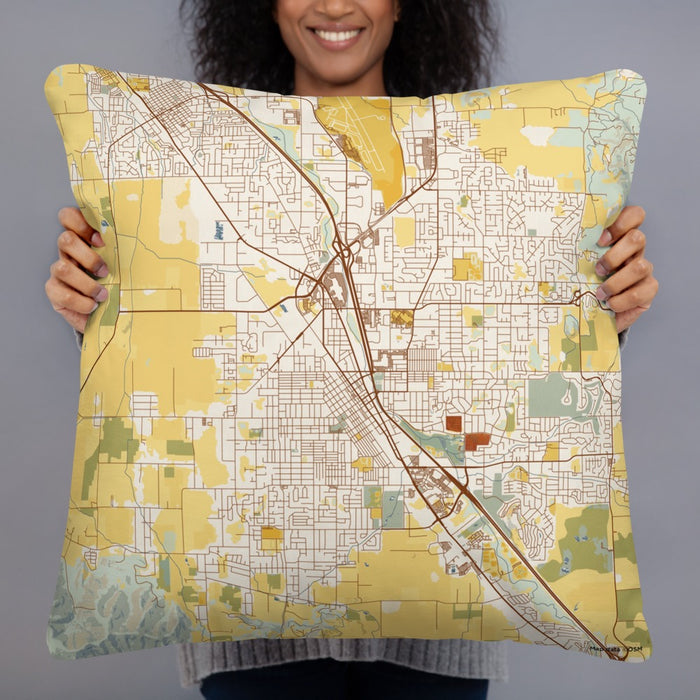 Person holding 22x22 Custom Medford Oregon Map Throw Pillow in Woodblock