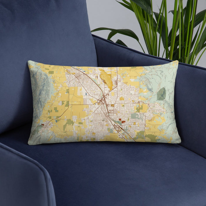 Custom Medford Oregon Map Throw Pillow in Woodblock on Blue Colored Chair