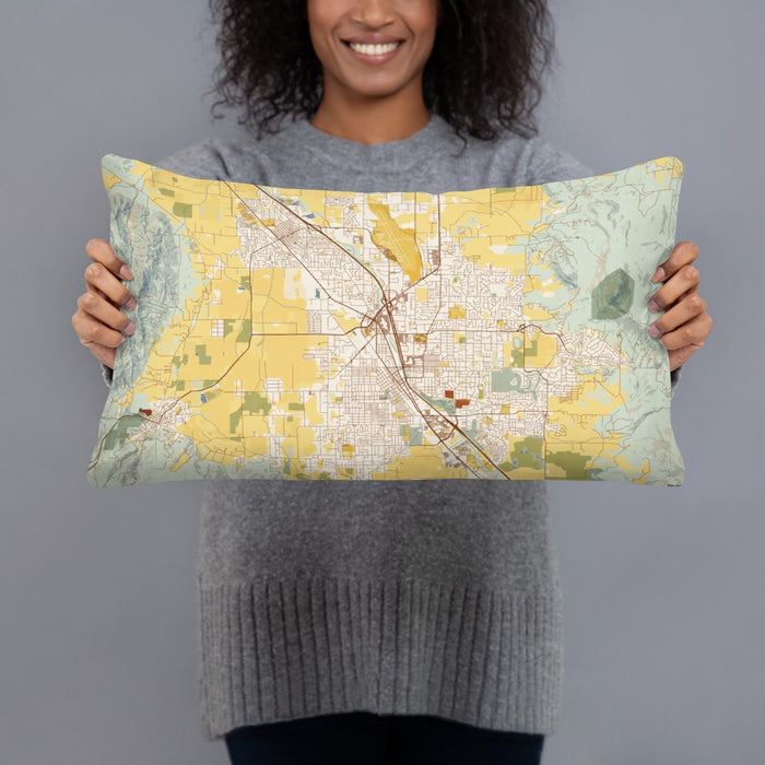 Person holding 20x12 Custom Medford Oregon Map Throw Pillow in Woodblock