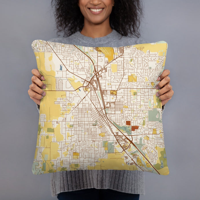 Person holding 18x18 Custom Medford Oregon Map Throw Pillow in Woodblock