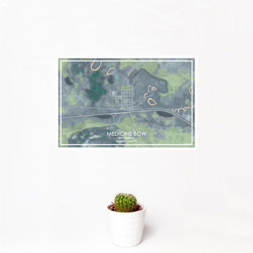 12x18 Medicine Bow Wyoming Map Print Landscape Orientation in Afternoon Style With Small Cactus Plant in White Planter