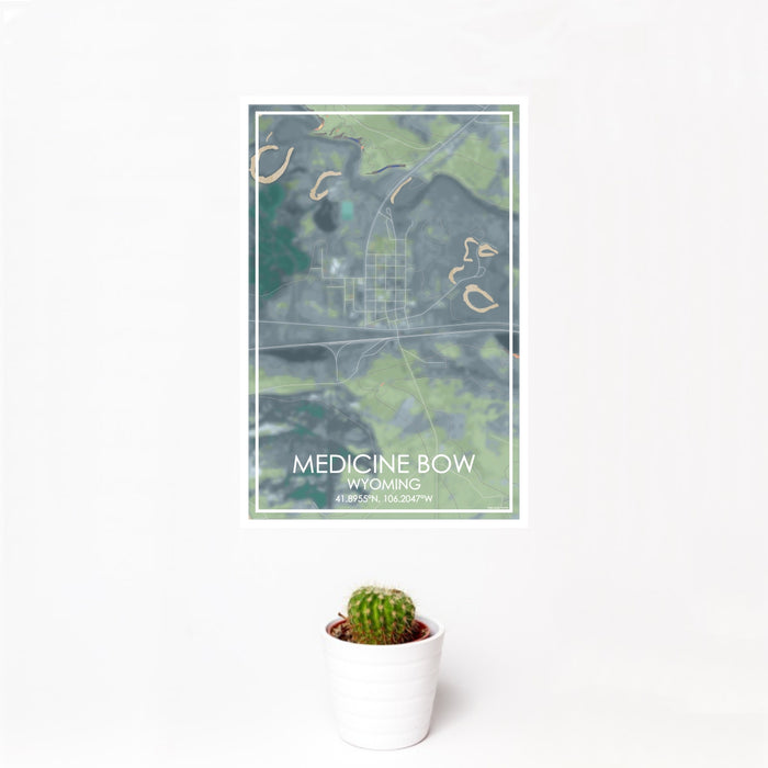 12x18 Medicine Bow Wyoming Map Print Portrait Orientation in Afternoon Style With Small Cactus Plant in White Planter