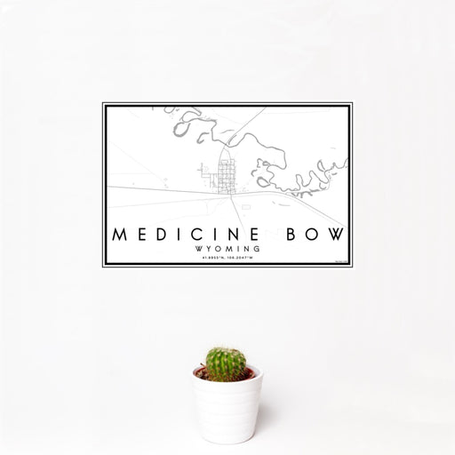 12x18 Medicine Bow Wyoming Map Print Landscape Orientation in Classic Style With Small Cactus Plant in White Planter