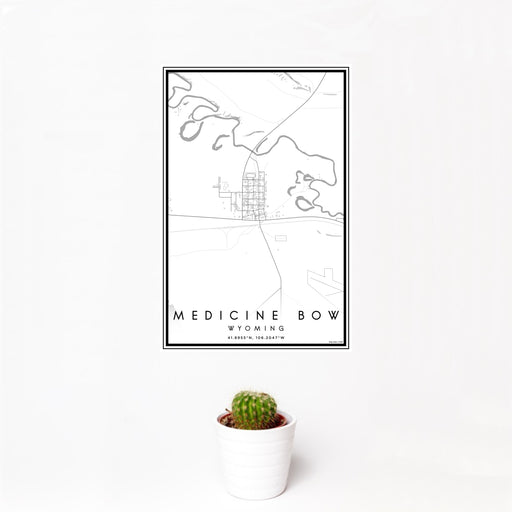12x18 Medicine Bow Wyoming Map Print Portrait Orientation in Classic Style With Small Cactus Plant in White Planter
