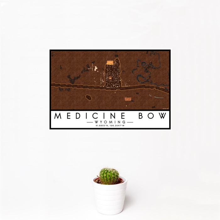 12x18 Medicine Bow Wyoming Map Print Landscape Orientation in Ember Style With Small Cactus Plant in White Planter