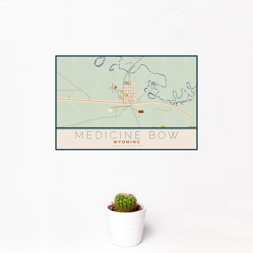 12x18 Medicine Bow Wyoming Map Print Landscape Orientation in Woodblock Style With Small Cactus Plant in White Planter