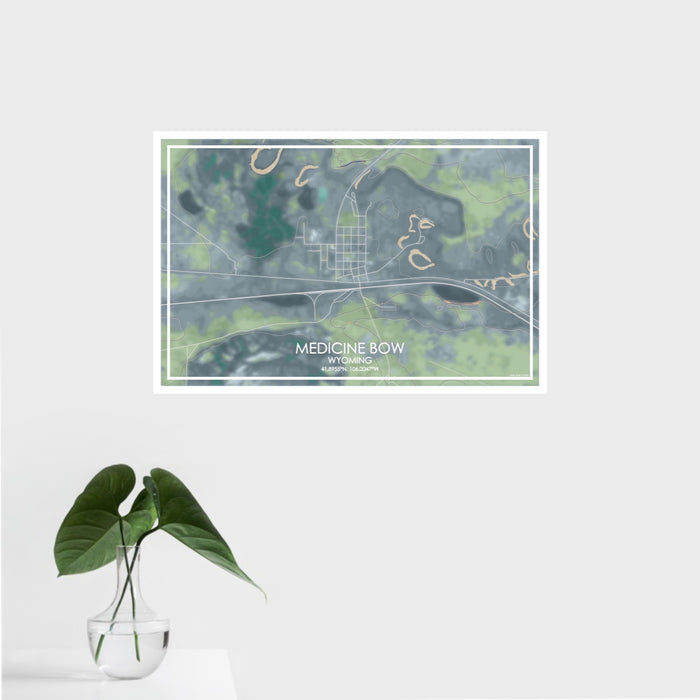 16x24 Medicine Bow Wyoming Map Print Landscape Orientation in Afternoon Style With Tropical Plant Leaves in Water