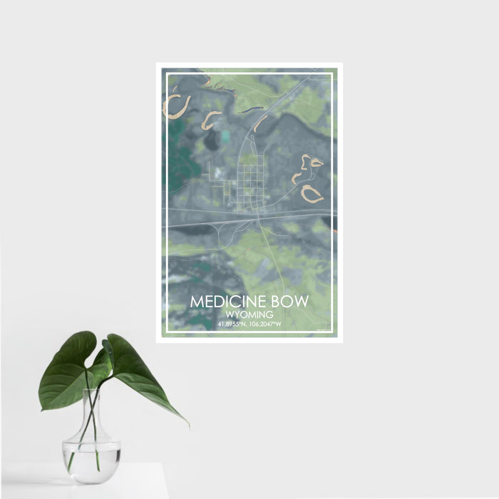 16x24 Medicine Bow Wyoming Map Print Portrait Orientation in Afternoon Style With Tropical Plant Leaves in Water