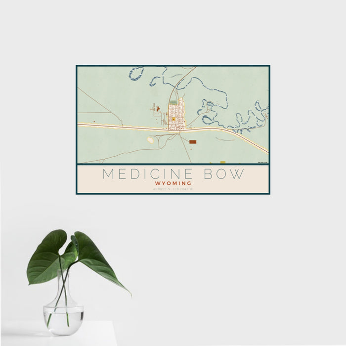 16x24 Medicine Bow Wyoming Map Print Landscape Orientation in Woodblock Style With Tropical Plant Leaves in Water