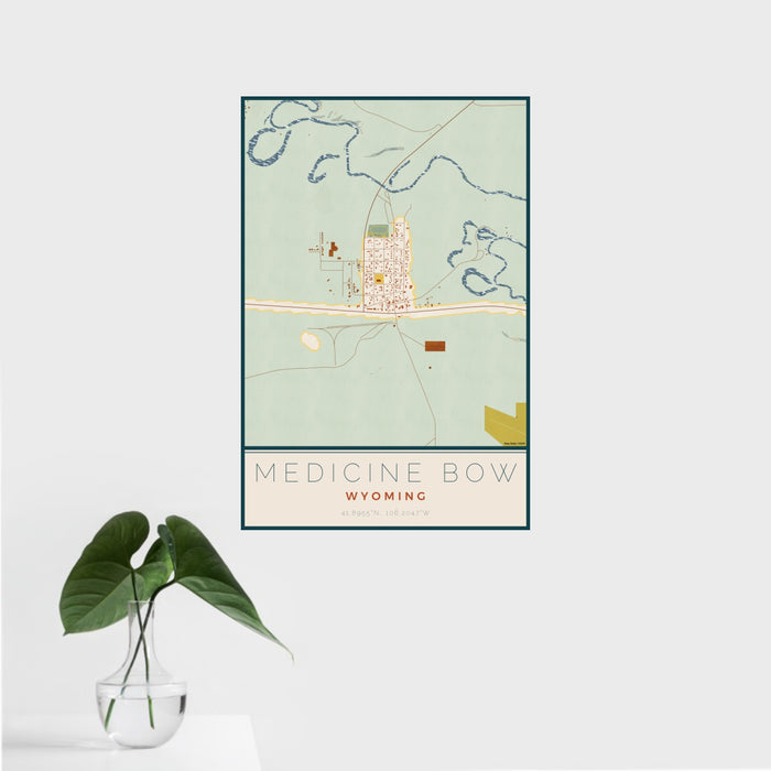 16x24 Medicine Bow Wyoming Map Print Portrait Orientation in Woodblock Style With Tropical Plant Leaves in Water