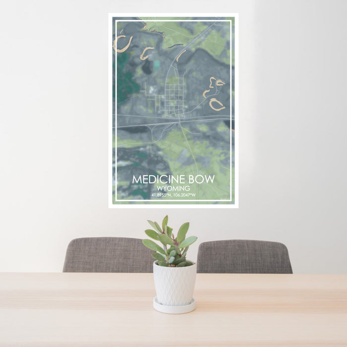 24x36 Medicine Bow Wyoming Map Print Portrait Orientation in Afternoon Style Behind 2 Chairs Table and Potted Plant