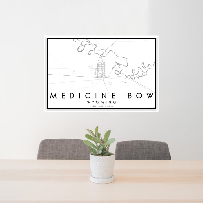 24x36 Medicine Bow Wyoming Map Print Lanscape Orientation in Classic Style Behind 2 Chairs Table and Potted Plant