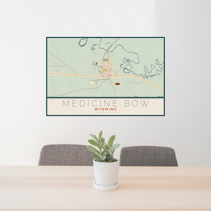 24x36 Medicine Bow Wyoming Map Print Lanscape Orientation in Woodblock Style Behind 2 Chairs Table and Potted Plant