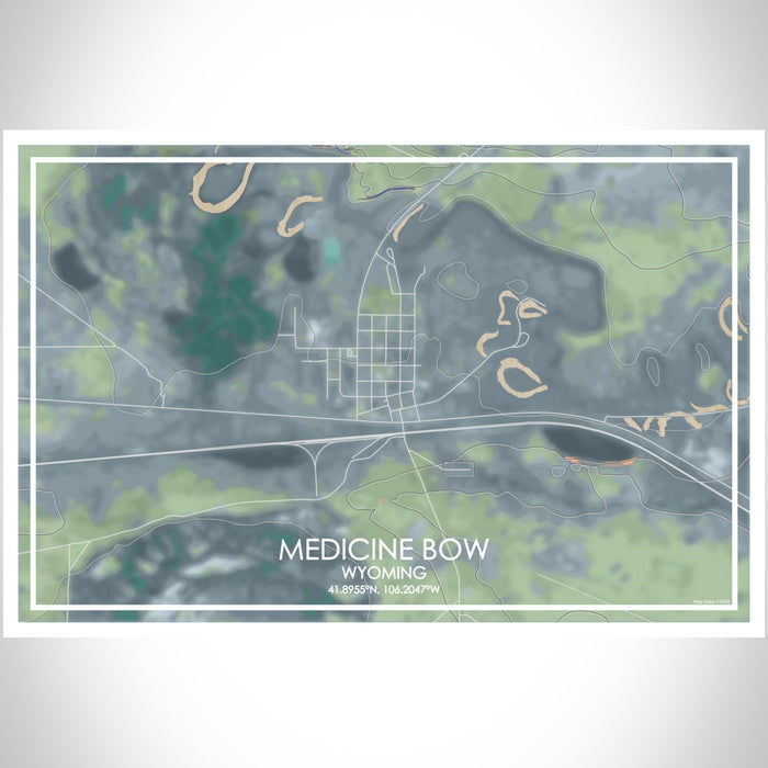 Medicine Bow Wyoming Map Print Landscape Orientation in Afternoon Style With Shaded Background