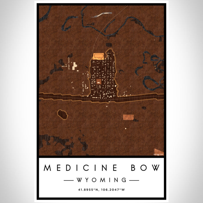 Medicine Bow Wyoming Map Print Portrait Orientation in Ember Style With Shaded Background