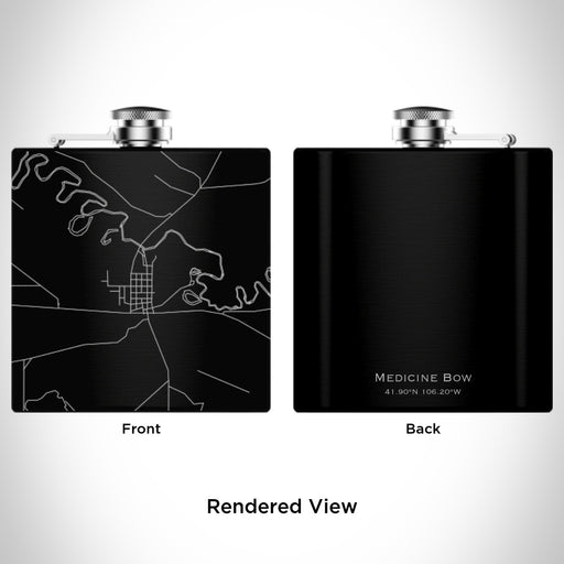 Rendered View of Medicine Bow Wyoming Map Engraving on 6oz Stainless Steel Flask in Black