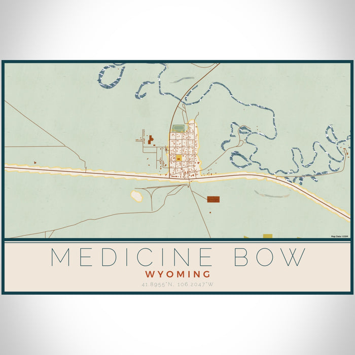 Medicine Bow Wyoming Map Print Landscape Orientation in Woodblock Style With Shaded Background