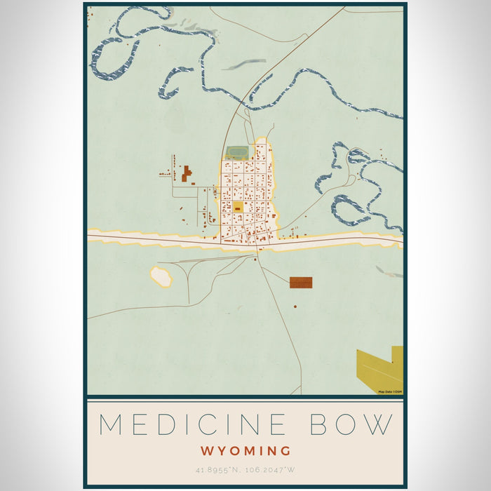 Medicine Bow Wyoming Map Print Portrait Orientation in Woodblock Style With Shaded Background