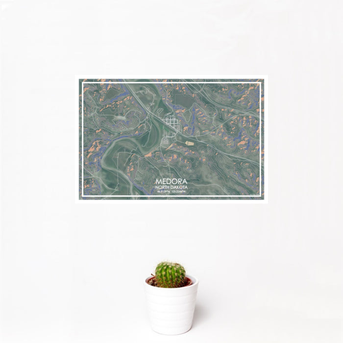 12x18 Medora North Dakota Map Print Landscape Orientation in Afternoon Style With Small Cactus Plant in White Planter