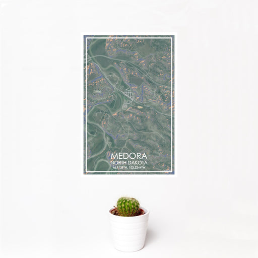 12x18 Medora North Dakota Map Print Portrait Orientation in Afternoon Style With Small Cactus Plant in White Planter