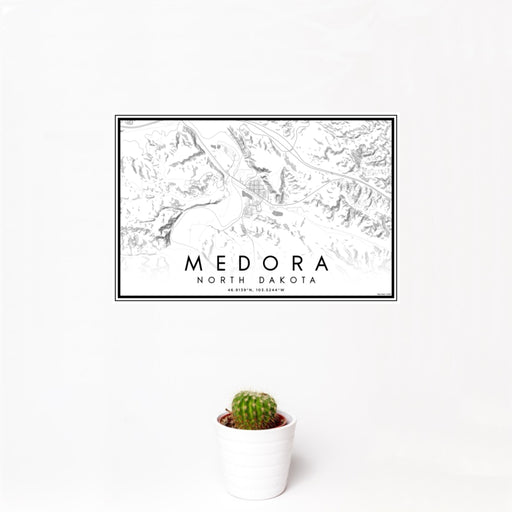 12x18 Medora North Dakota Map Print Landscape Orientation in Classic Style With Small Cactus Plant in White Planter