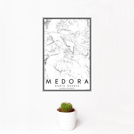 12x18 Medora North Dakota Map Print Portrait Orientation in Classic Style With Small Cactus Plant in White Planter