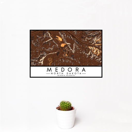 12x18 Medora North Dakota Map Print Landscape Orientation in Ember Style With Small Cactus Plant in White Planter
