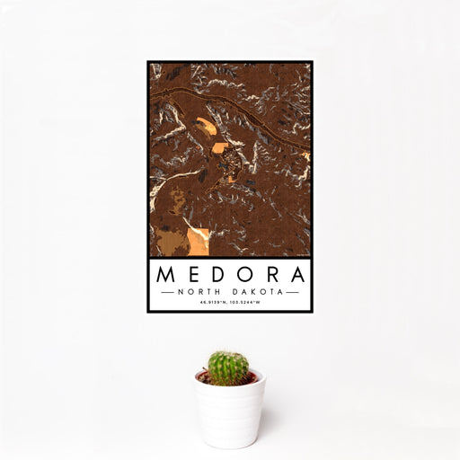 12x18 Medora North Dakota Map Print Portrait Orientation in Ember Style With Small Cactus Plant in White Planter