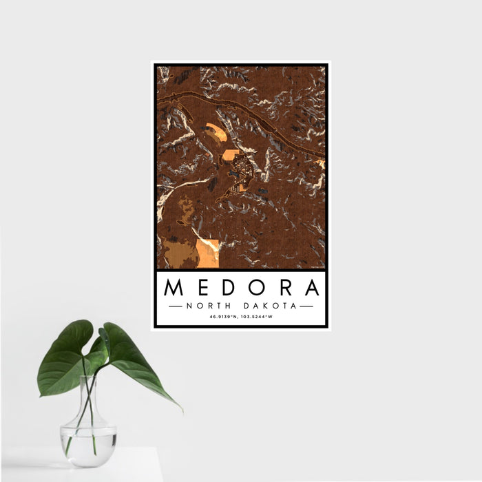 16x24 Medora North Dakota Map Print Portrait Orientation in Ember Style With Tropical Plant Leaves in Water