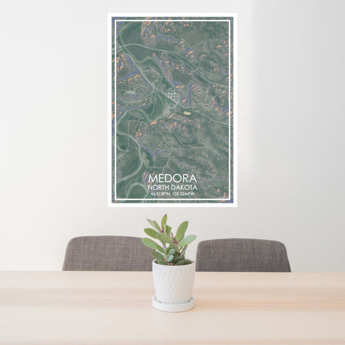 24x36 Medora North Dakota Map Print Portrait Orientation in Afternoon Style Behind 2 Chairs Table and Potted Plant
