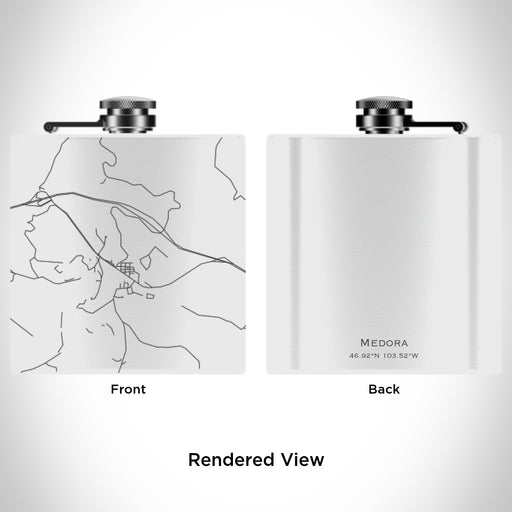 Rendered View of Medora North Dakota Map Engraving on 6oz Stainless Steel Flask in White