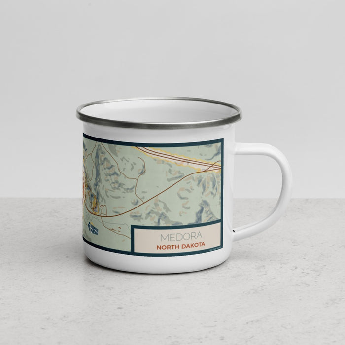 Right View Custom Medora North Dakota Map Enamel Mug in Woodblock