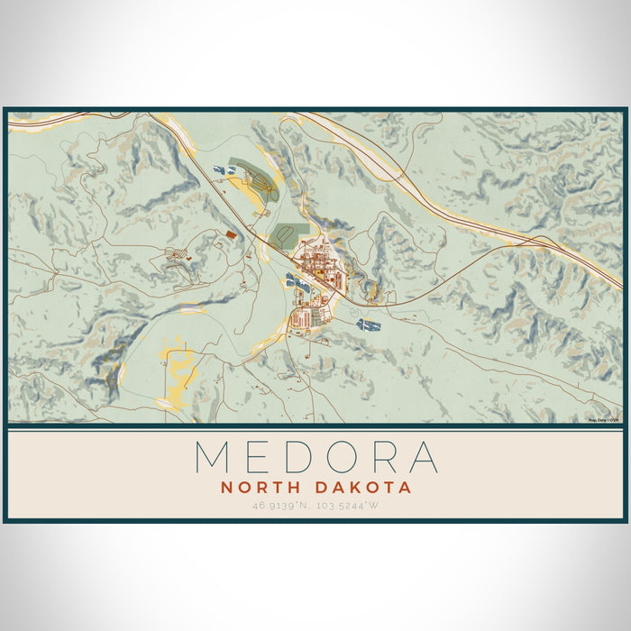 Medora North Dakota Map Print Landscape Orientation in Woodblock Style With Shaded Background