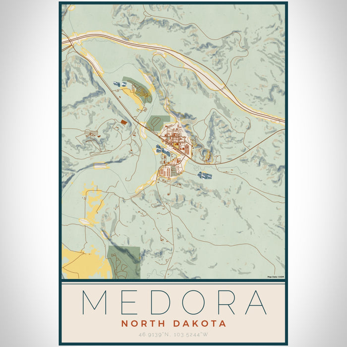 Medora North Dakota Map Print Portrait Orientation in Woodblock Style With Shaded Background