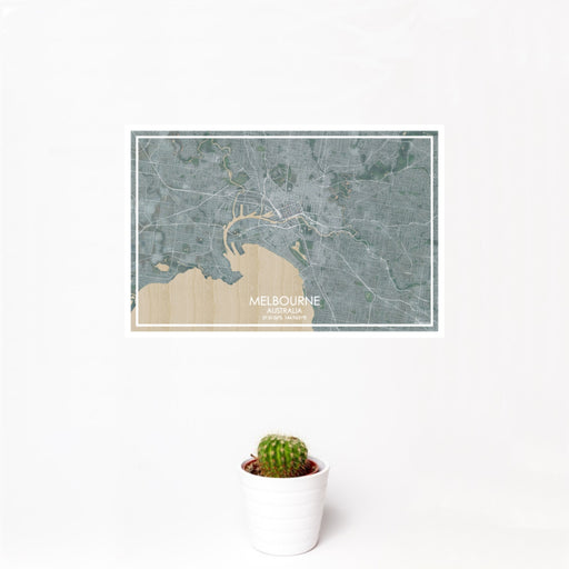 12x18 Melbourne Australia Map Print Landscape Orientation in Afternoon Style With Small Cactus Plant in White Planter