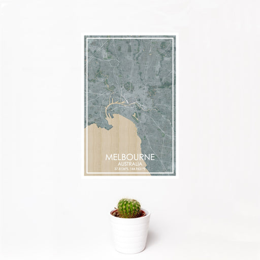 12x18 Melbourne Australia Map Print Portrait Orientation in Afternoon Style With Small Cactus Plant in White Planter
