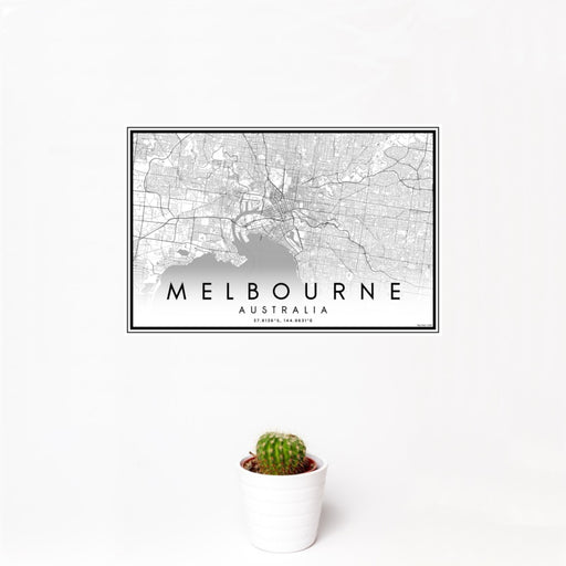 12x18 Melbourne Australia Map Print Landscape Orientation in Classic Style With Small Cactus Plant in White Planter