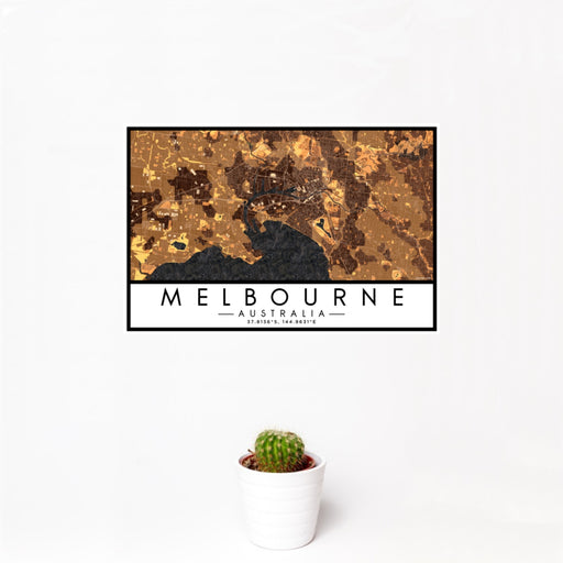 12x18 Melbourne Australia Map Print Landscape Orientation in Ember Style With Small Cactus Plant in White Planter