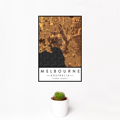 12x18 Melbourne Australia Map Print Portrait Orientation in Ember Style With Small Cactus Plant in White Planter