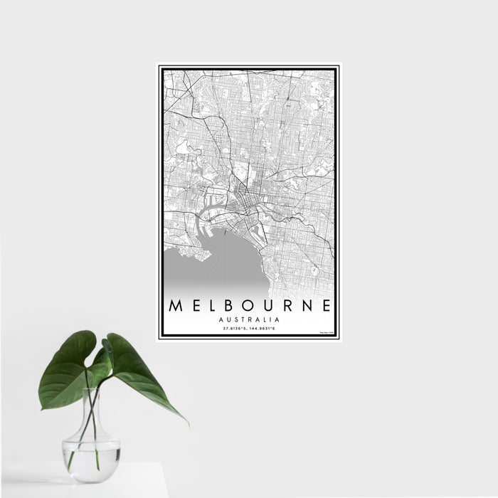16x24 Melbourne Australia Map Print Portrait Orientation in Classic Style With Tropical Plant Leaves in Water