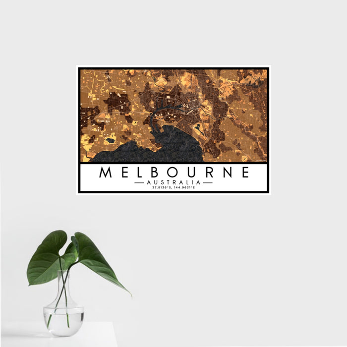 16x24 Melbourne Australia Map Print Landscape Orientation in Ember Style With Tropical Plant Leaves in Water