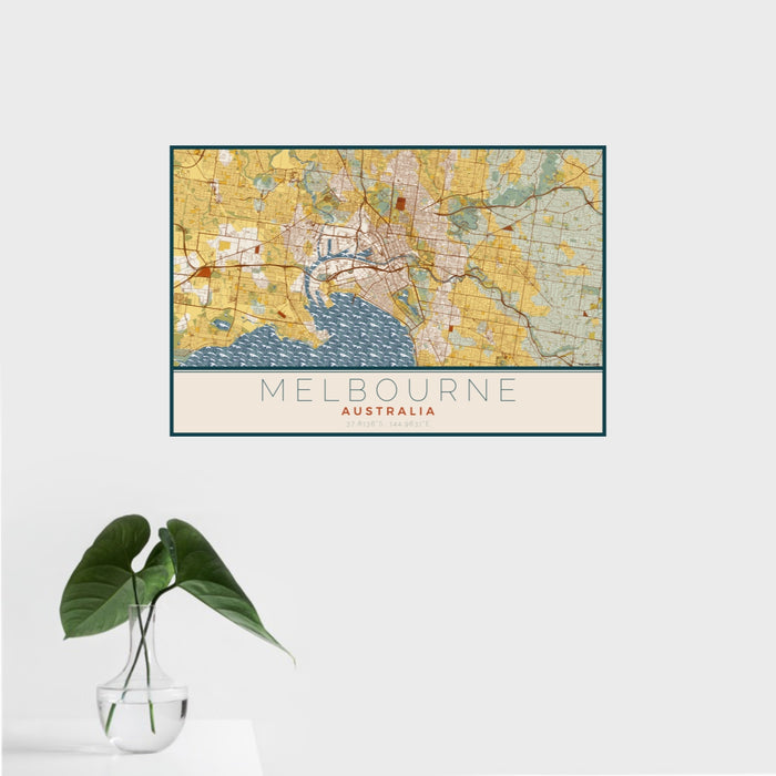 16x24 Melbourne Australia Map Print Landscape Orientation in Woodblock Style With Tropical Plant Leaves in Water