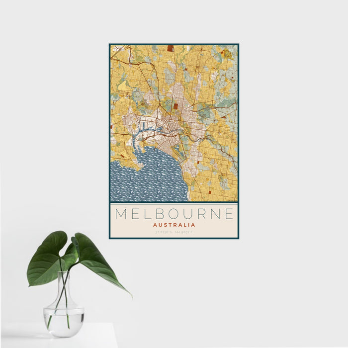 16x24 Melbourne Australia Map Print Portrait Orientation in Woodblock Style With Tropical Plant Leaves in Water